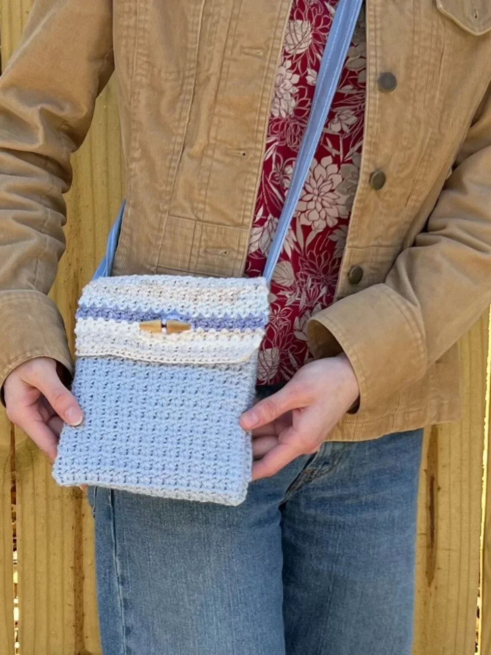 Upcycled Crochet Crossbody Purse Handmade with Repurposed Lining & Button